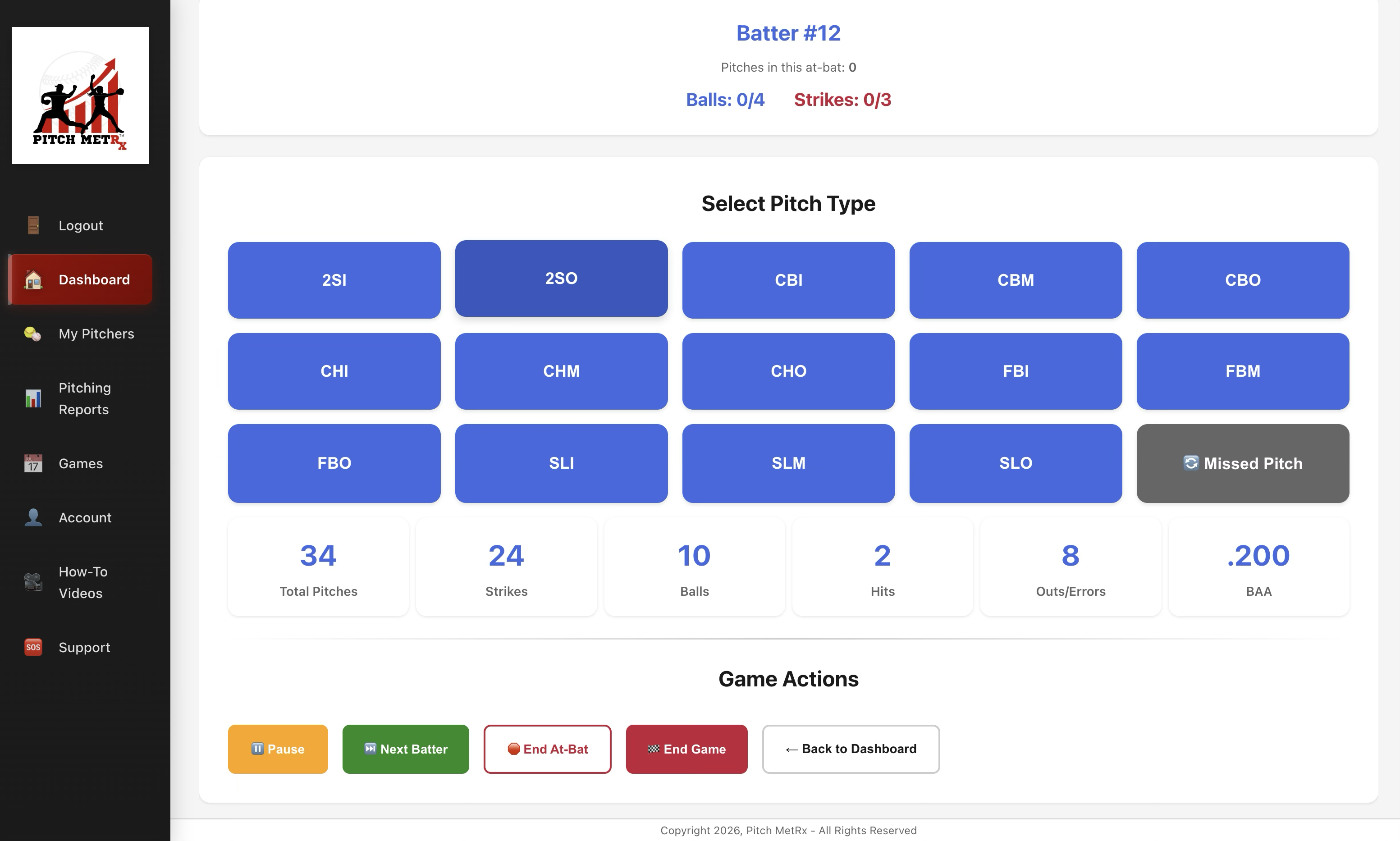 Live game tracking in Pitch MetRx