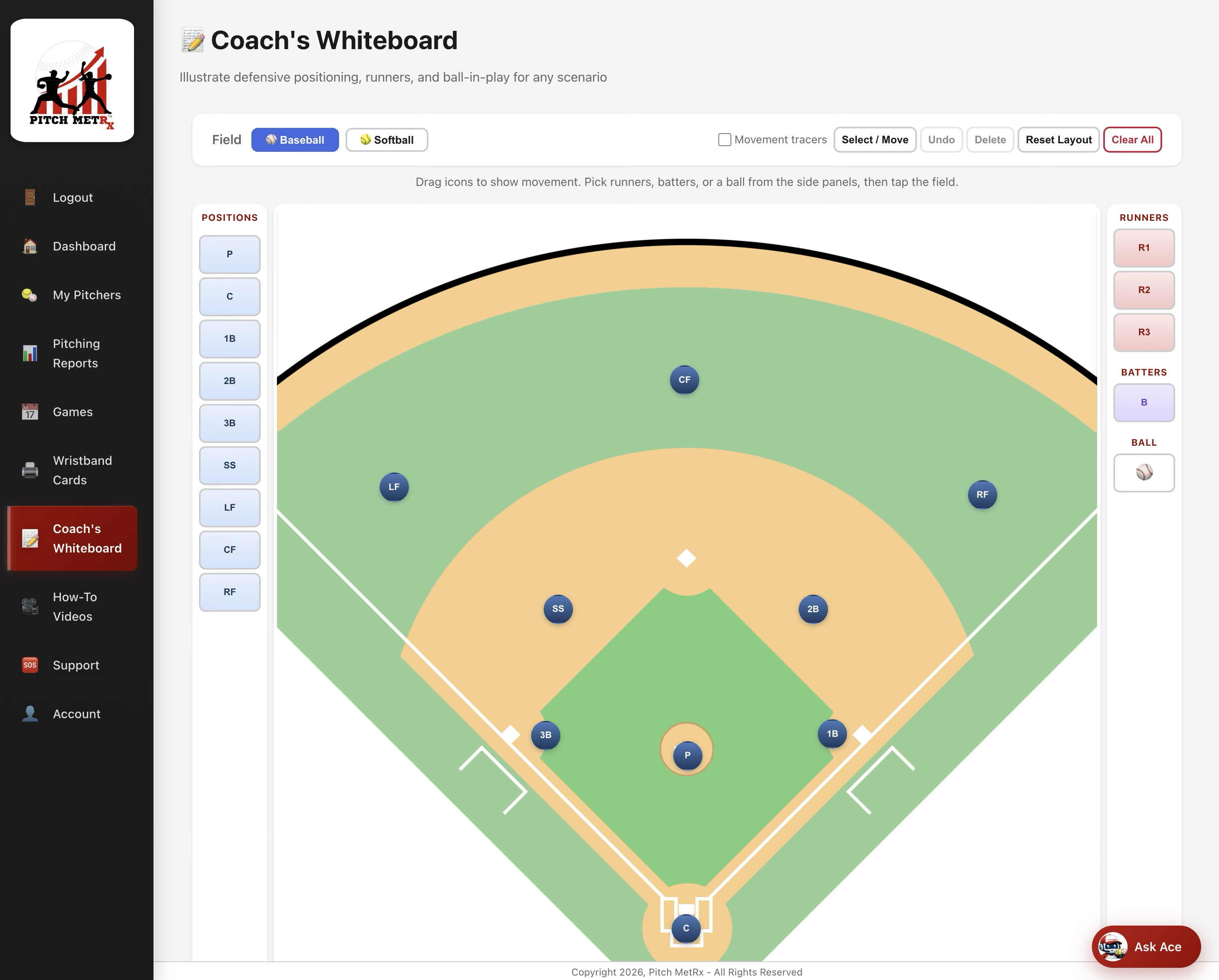 Coach's Whiteboard baseball field with default defensive positions