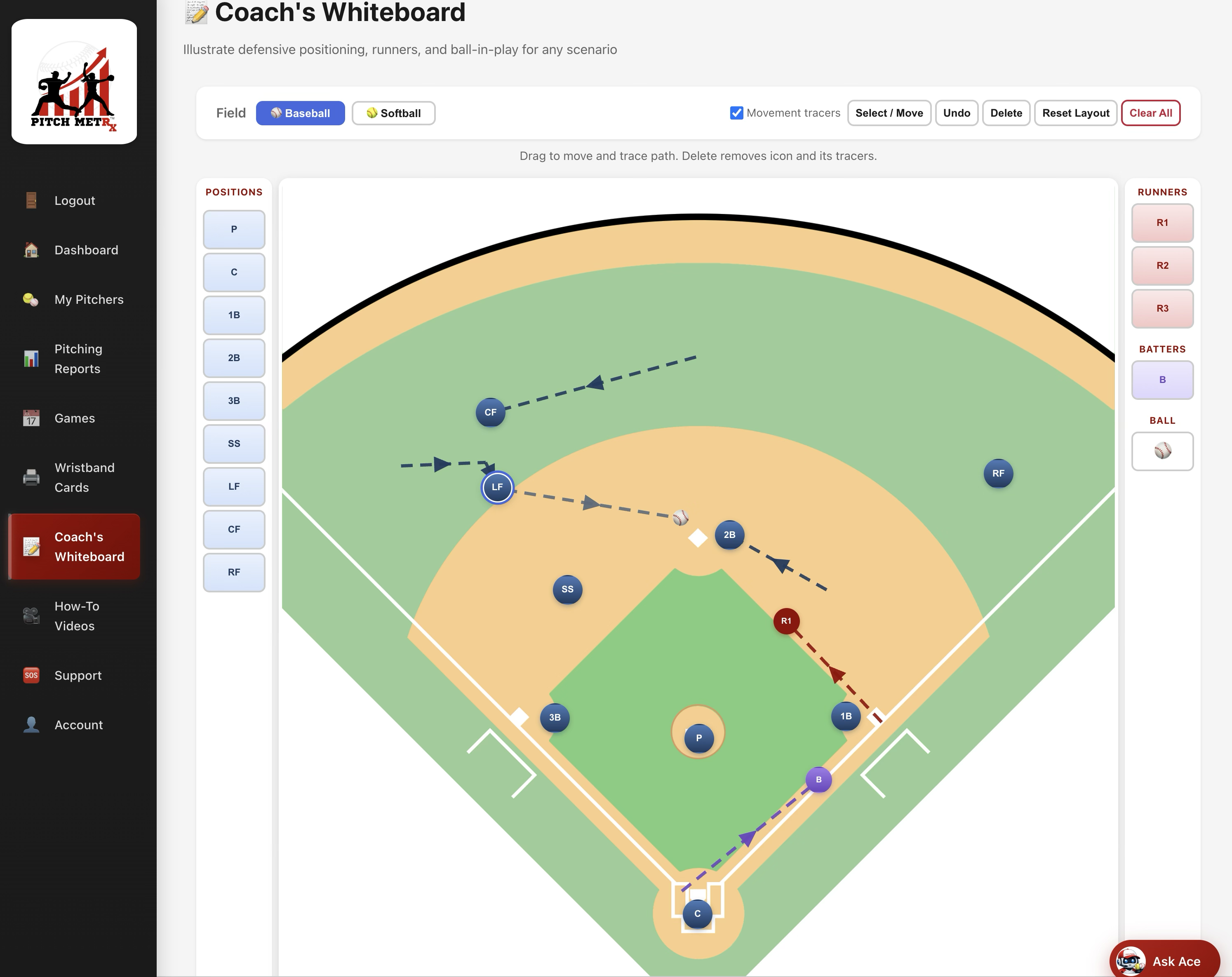 Coach's Whiteboard sample play with movement tracers on a baseball field
