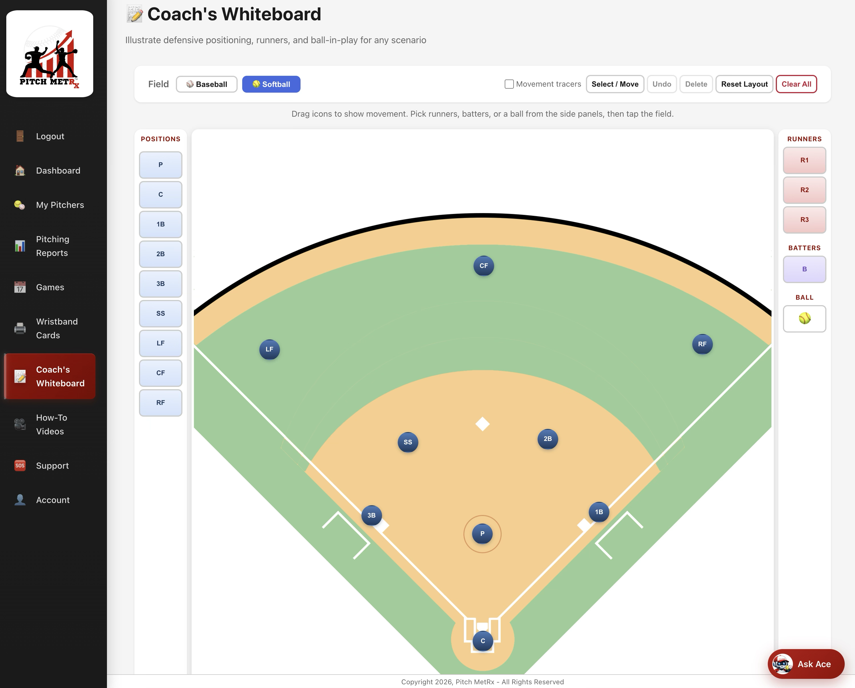 Coach's Whiteboard softball field with default defensive positions